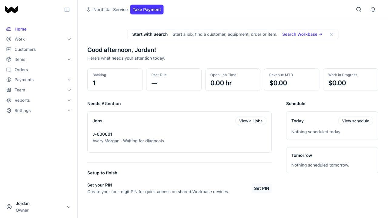 Real Workbase dashboard showing synthetic demo jobs and shop overview