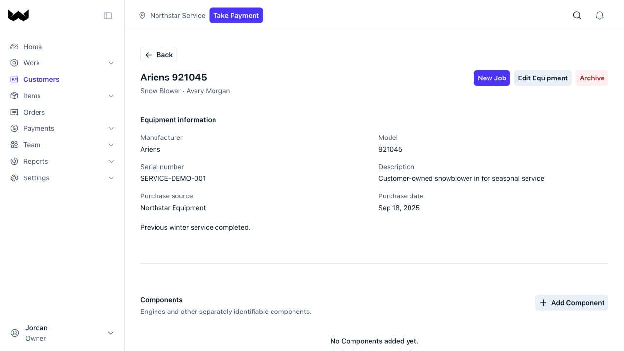 Actual Workbase customers & equipment screen with synthetic demo data