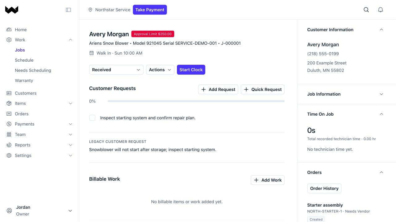 Actual Workbase jobs screen with synthetic demo data