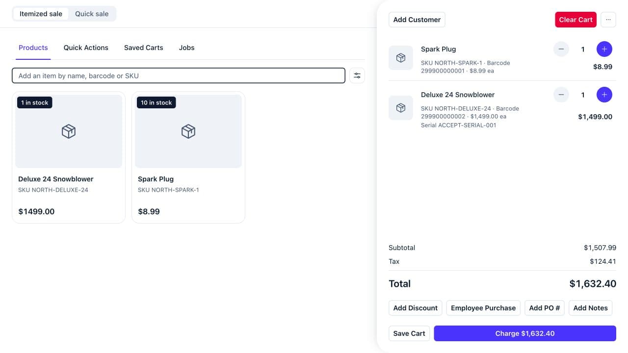 Real Workbase point-of-sale workspace with synthetic demonstration items