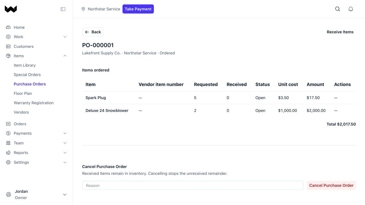 Actual Workbase purchasing screen with synthetic demo data