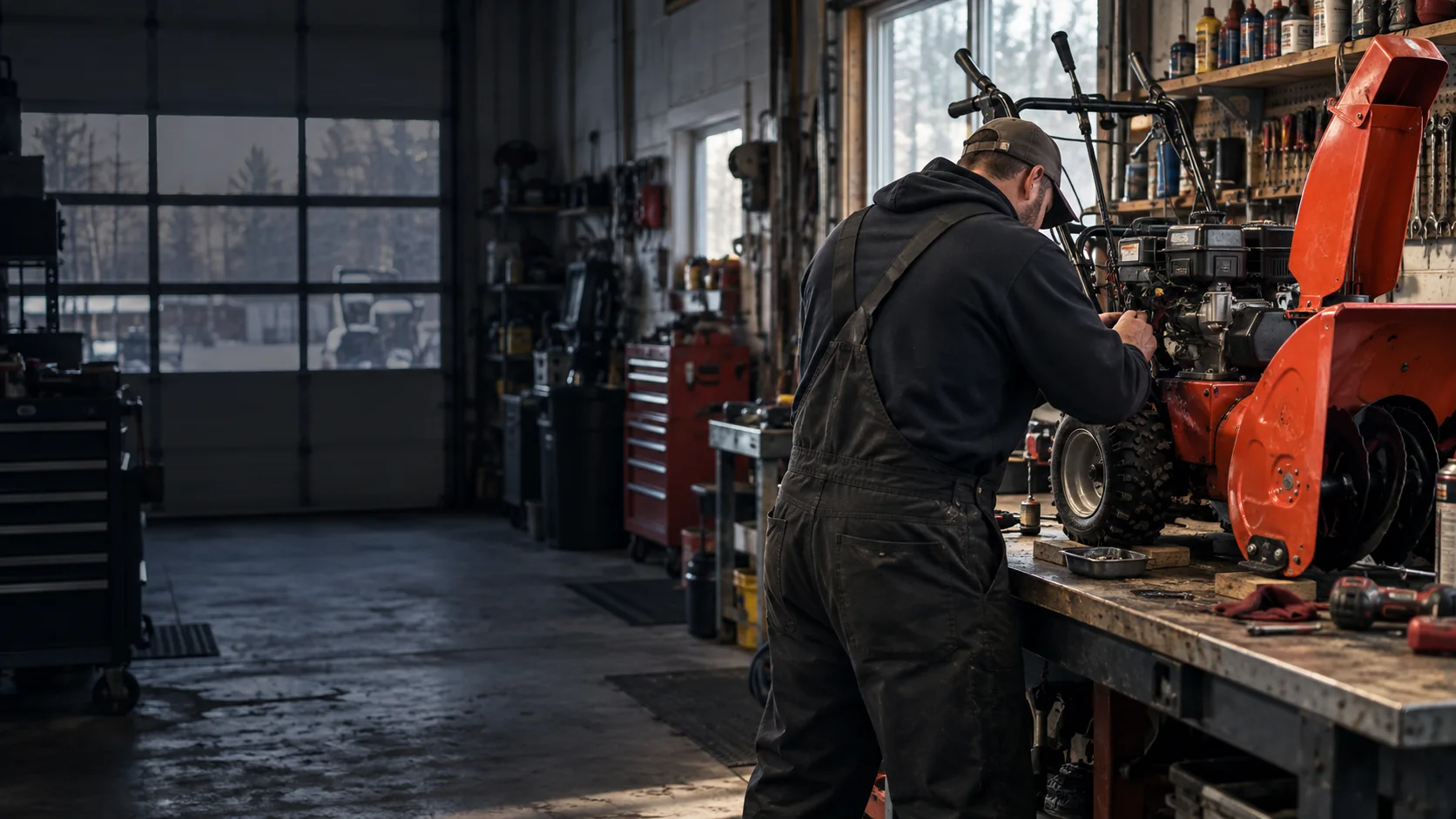 A service technician repairing outdoor power equipment in a working shop